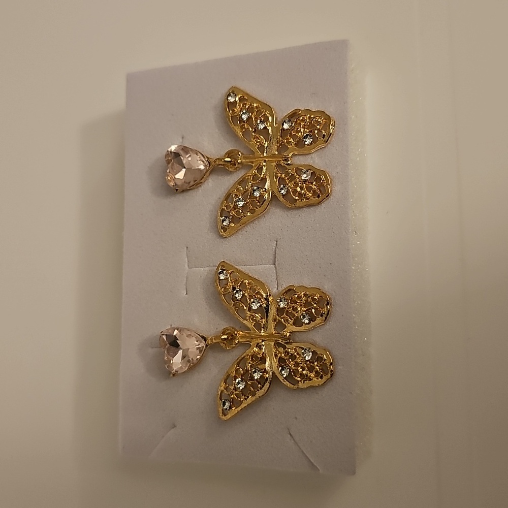 Gold Butterfly Earrings with Pink Heart Accents